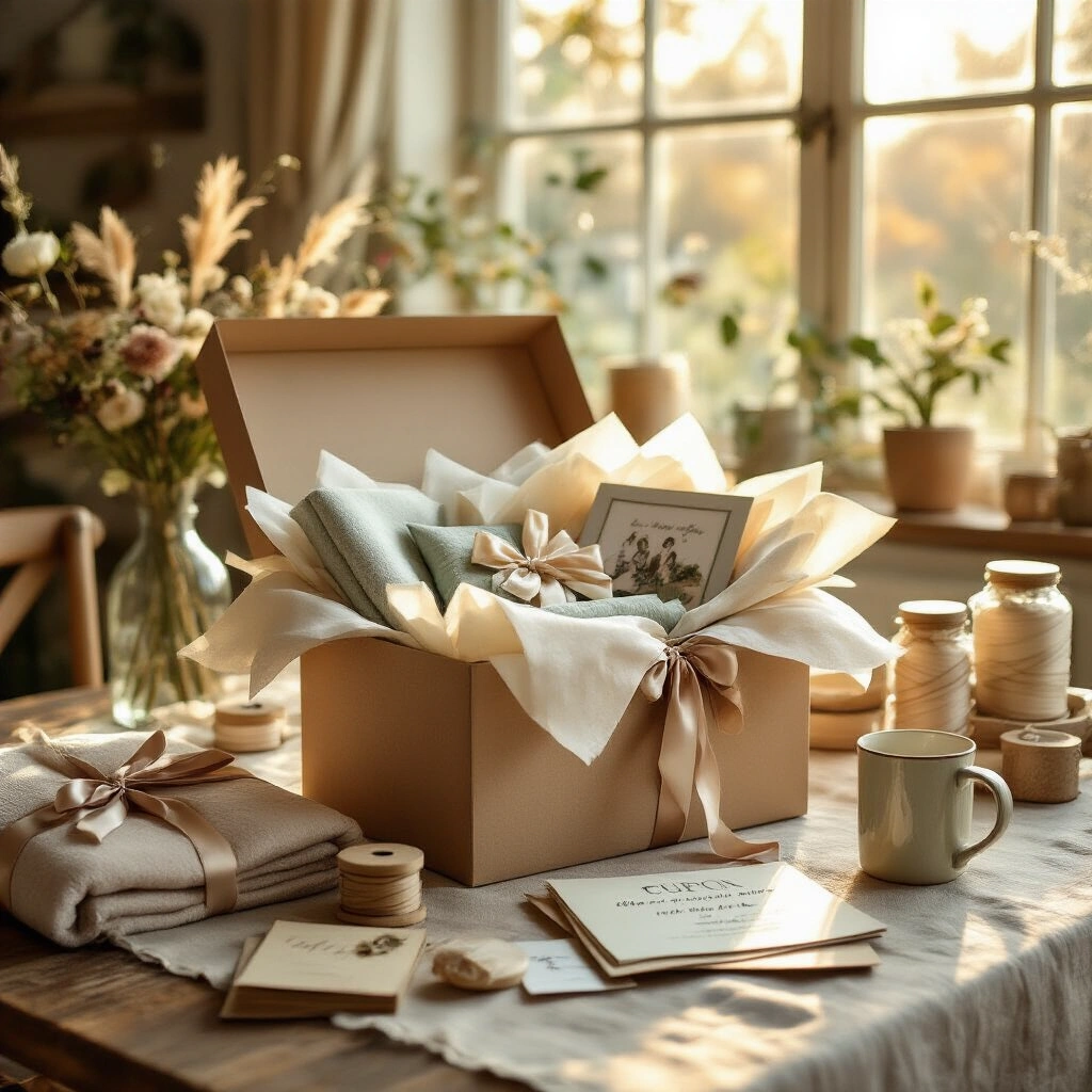Cute Gift Ideas for Your Best Friend That'll Make Her Cry Happy Tears A beautifully styled gift-wrapping station on a rustic linen-covered dining table, featuring a large decorative kraft box overflowing with tissue paper, a silk blanket, a DIY coupon book, a memory notes jar, printed photos, and a personalized mug. Surrounding supplies include satin ribbons, wax seal tools, a calligraphy pen, dried botanicals, and a handwritten gift card, all illuminated by warm golden hour sunlight.