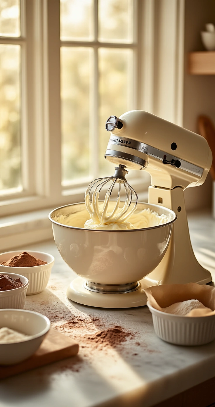 Chocolate Drip Cake: The Complete Guide to Getting Perfect Drips Every Time A close-up of a stand mixer bowl filled with fluffy whipped butter and sugar, mid-beat, with creamy mixture on the beater. Warm afternoon light shines through a window, illuminating a marble countertop with cocoa powder and three round cake tins nearby, creating an inviting baking atmosphere.