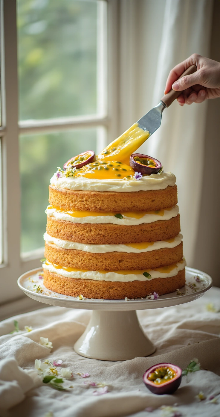 Passionfruit Layer Cake with Passionfruit Curd and Mascarpone Cream Frosting A towering three-layer passionfruit cake mid-assembly on a ceramic stand, with ivory mascarpone cream and golden passionfruit curd between layers, topped with fresh passionfruit halves, white chocolate curls, and edible flowers, set against a linen tablecloth with scattered petals in soft natural light.