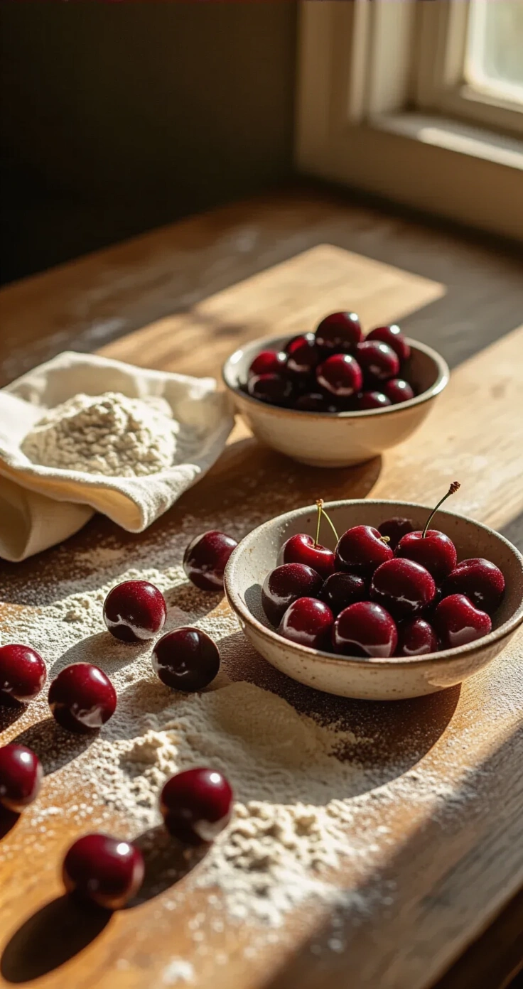Cherry Almond Cake: Moist, Buttery, and Packed With Juicy Cherries A sunlit kitchen countertop with fresh dark red cherries, some halved, dusted with flour, and a small bowl of pitted cherry halves on cream linen towels, bathed in warm golden light.